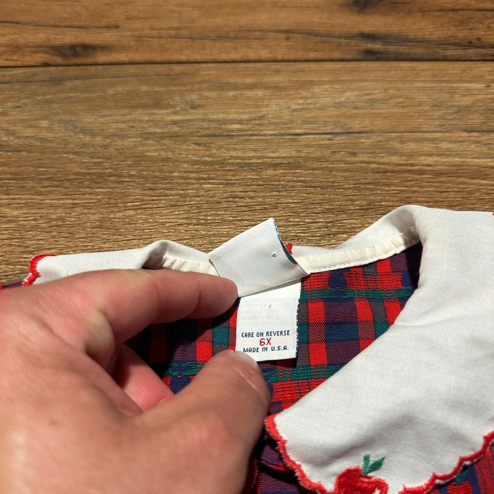 Vintage OshKosh Red Plaid Apple Dress Girls Size 6X Long Sleeve Made in USA